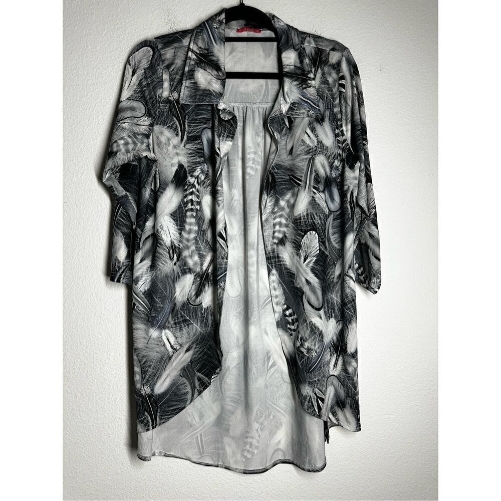 Simply Aster By Firmiana Women’s Collared Cardigan Leaves Print Gray White Sz XL
